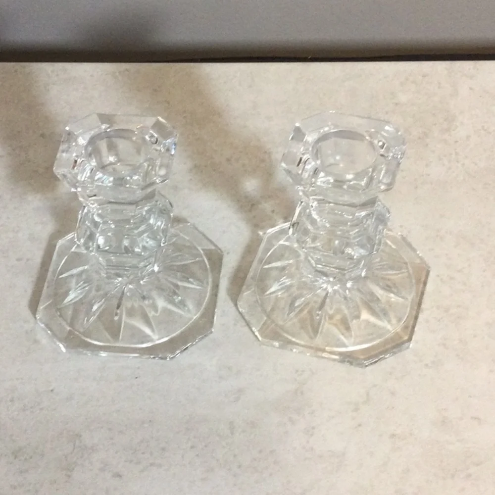 Two Clear Crystal Tapered Candlestick Holders - Home Accents